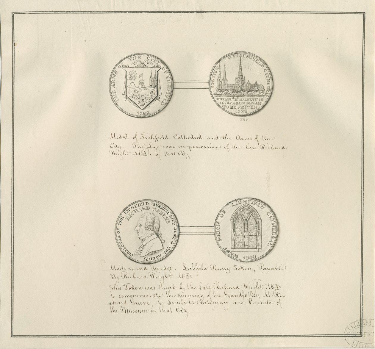 Lichfield - Medals of Lichfield Cathedral and the City Arms, og et portræt af Richard Greene: pentegning, nd [begyndelsen af det 19. århundrede] (tegning) af Richard Greene