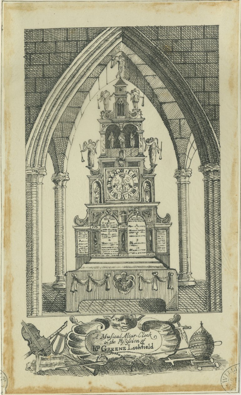 Lichfield - Musical Alter-Clock: sporing i blæk, og [?1700-tallet] (tegning) af Richard Greene