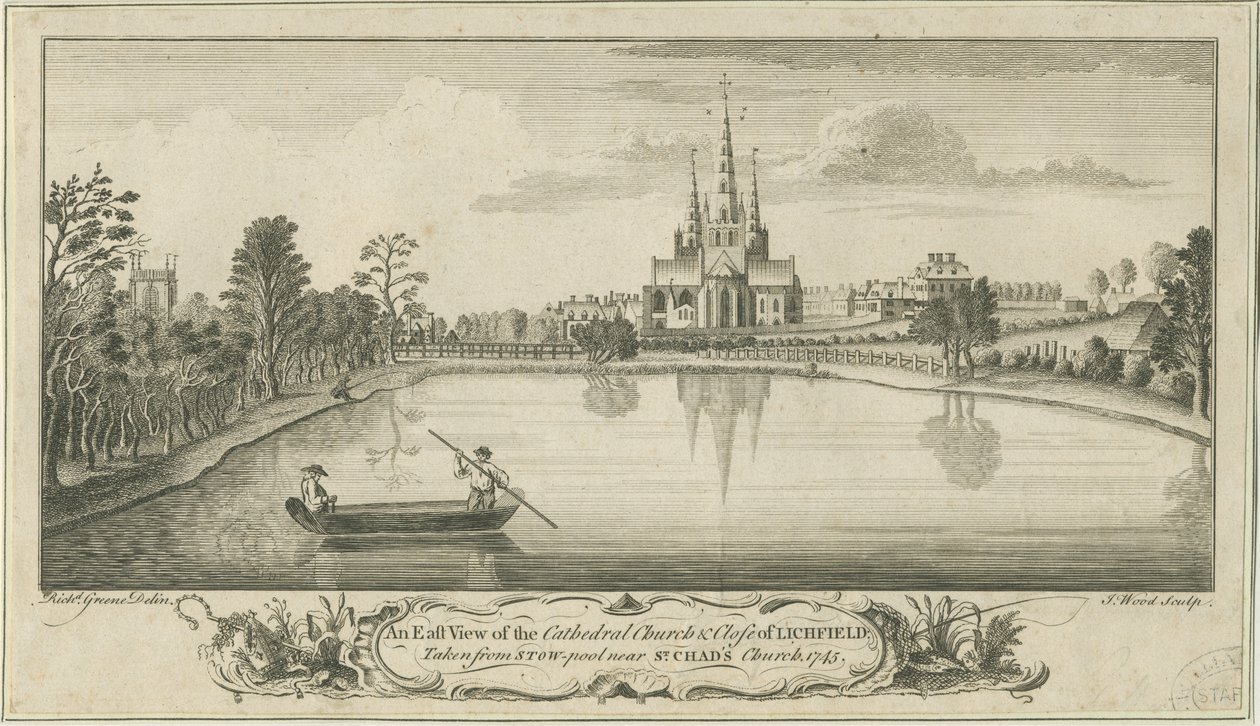Lichfield Cathedral and Close - East View: kobberpladegravering af Richard Greene