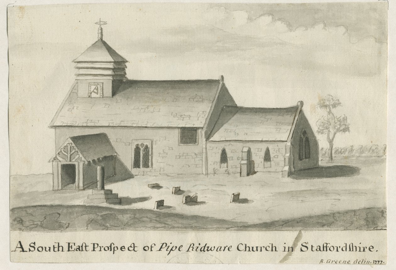 Pipe Ridware Church: sepia maleri, 1777 af Richard Greene