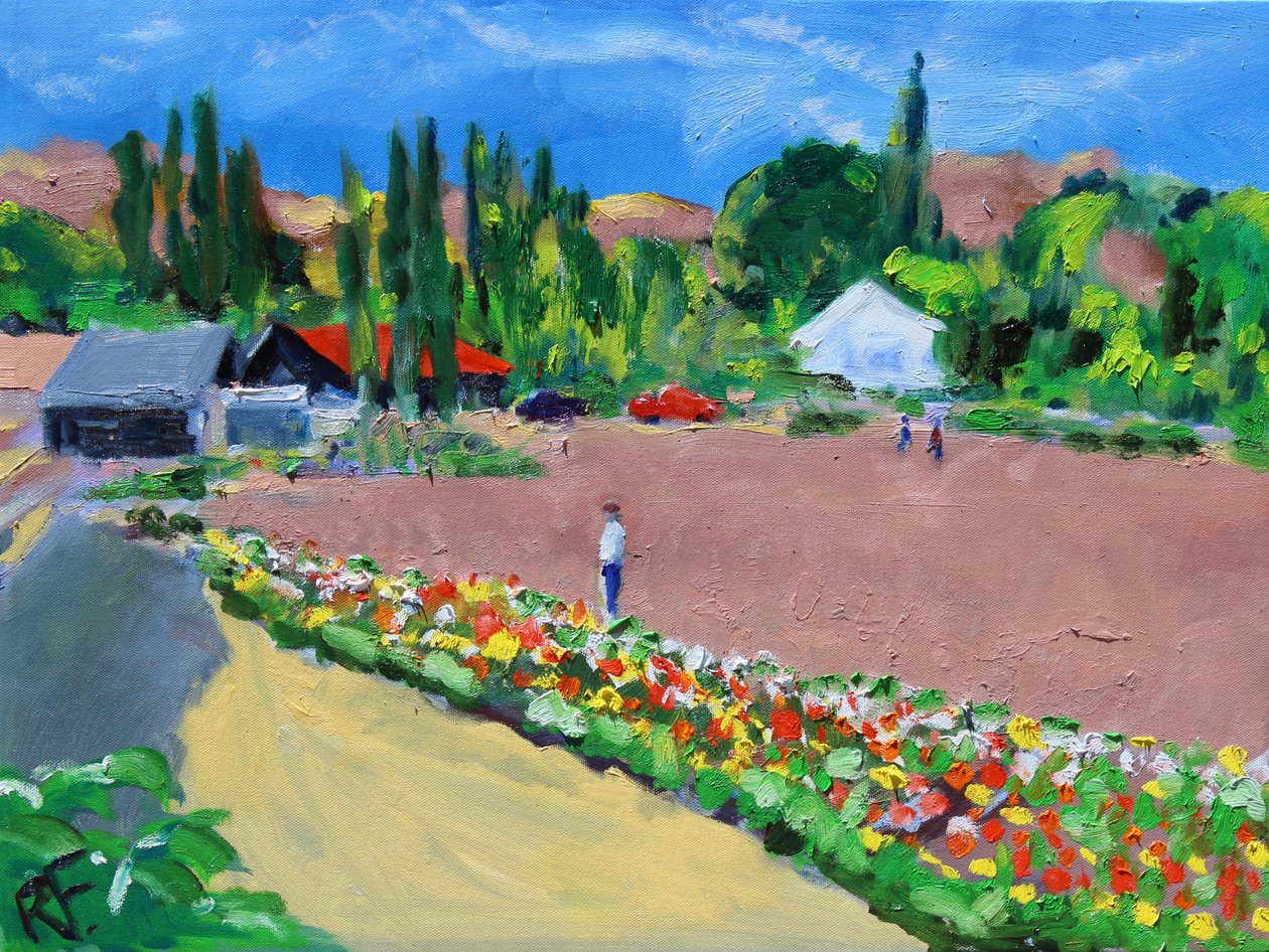 Admiring the Zinnias, 2021 (olie på lærred) af Richard H. Fox