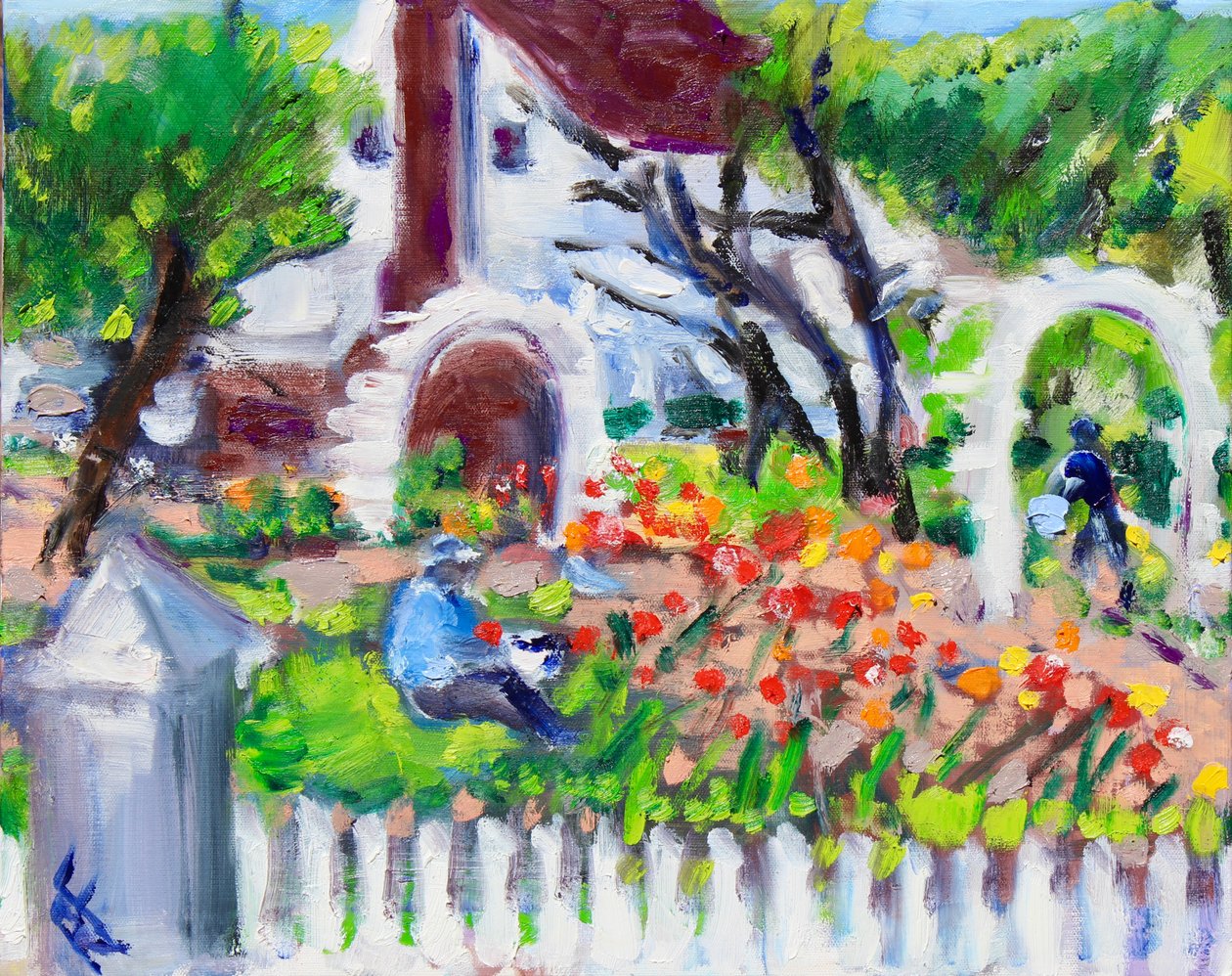 Gardener at Work, Luther Burbank Gardens, 2021 (olie på lærred) af Richard H. Fox