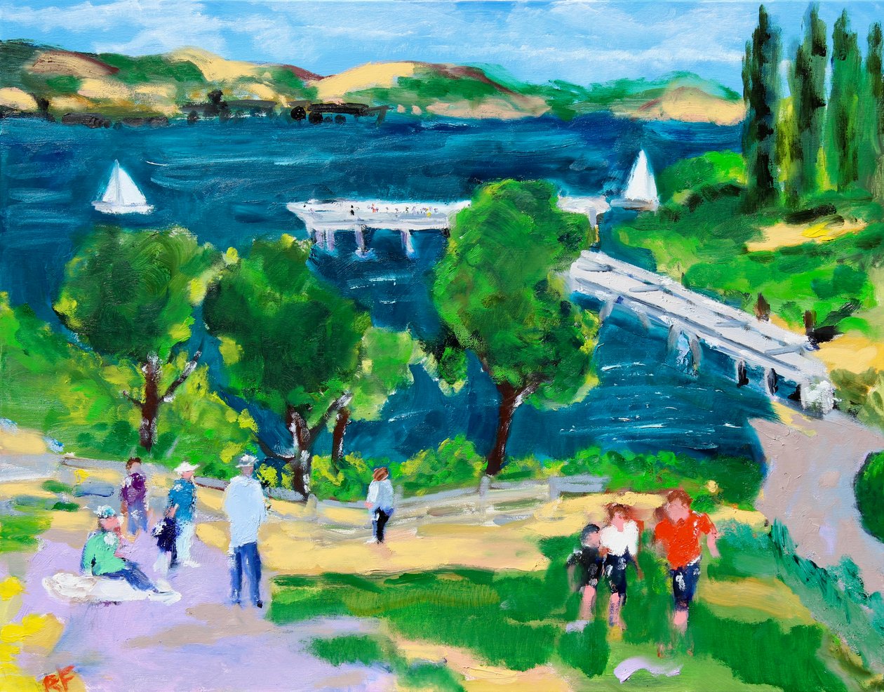 Paradise Beach Pier, Tiburon, Californien, 2021 (olie på lærred) af Richard H. Fox