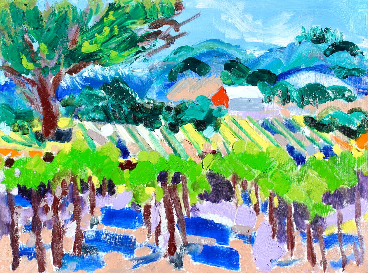 Vingård med rød lade, 2021 (olie på papir) af Richard H. Fox