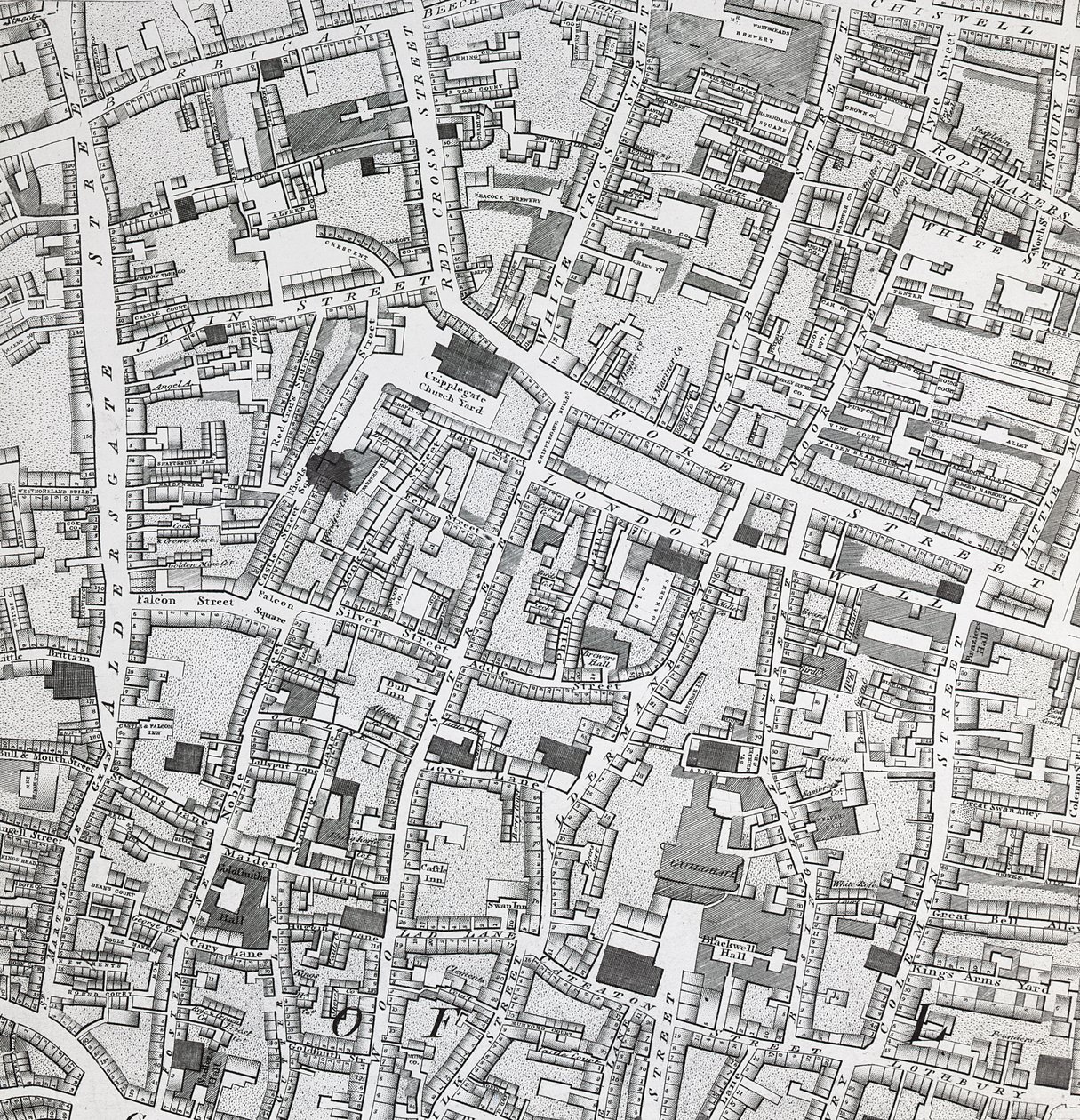 Gadekort over London omkring Guildhall, ca. 1795 (print) af Richard Horwood