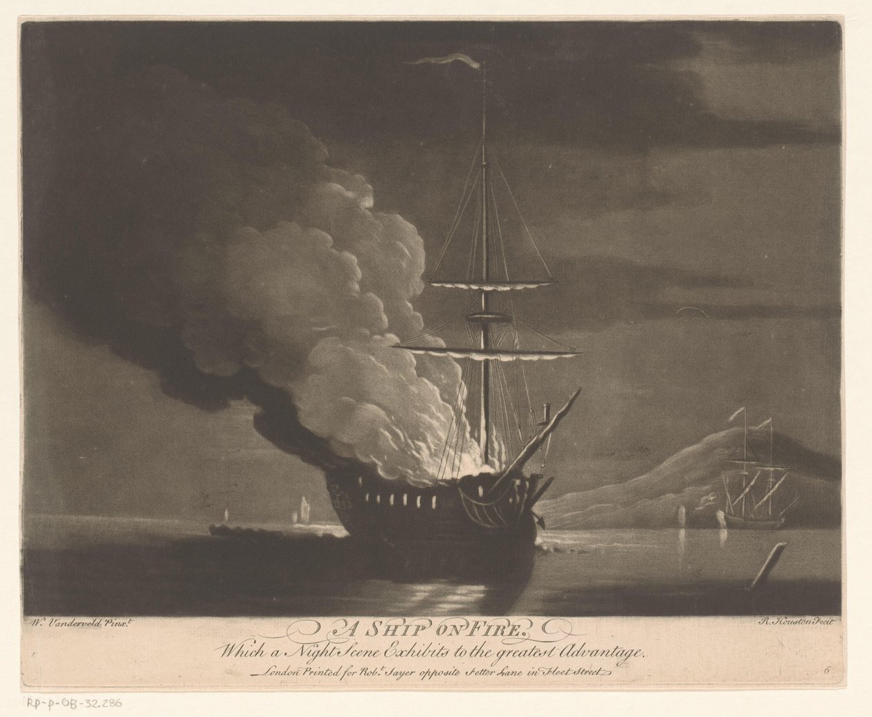 Brændende skib på et roligt hav A Ship on Fire (titel på objekt) af Richard Houston