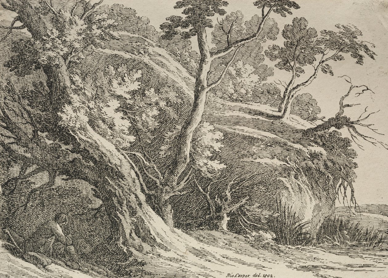 Prøver af polyautografi: Mand siddende under en eg, 1802. af Richard II Cooper