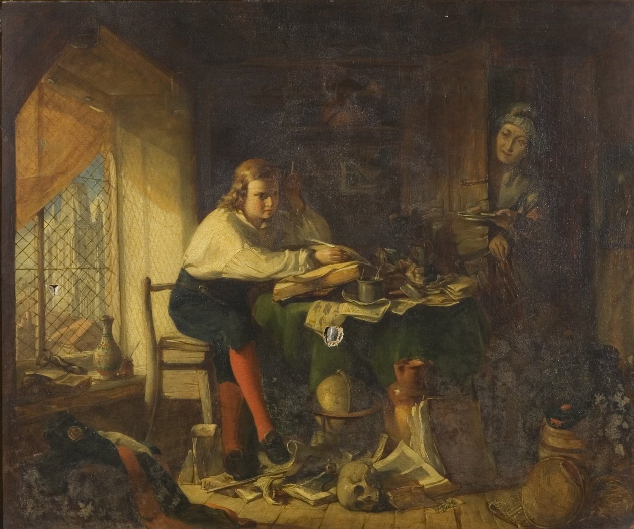 Chatterton komponerer Rowleian-manuskripterne (olie på lærred) af Richard J. Lewis
