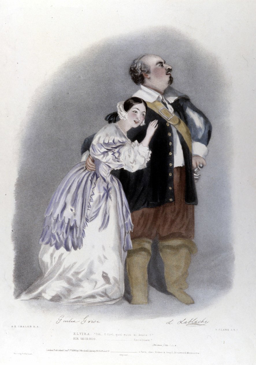 Giulia Grisi og Luigi Lablache i 3. akt af Puritanerne af Vincenzo Bellini. Litografi af R. J. Lane. 1835 af Richard James Lane