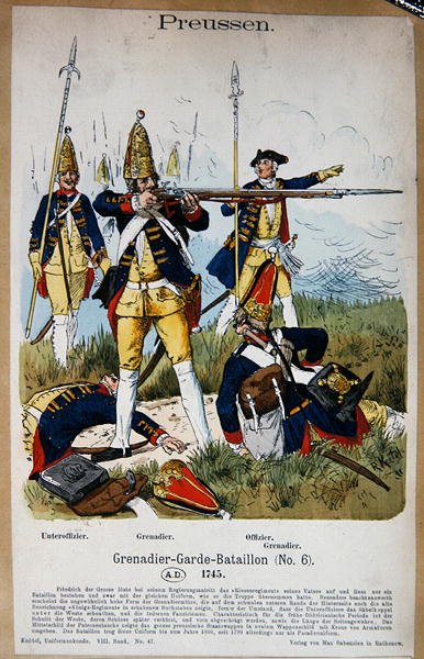 Preussiske grenadervagter og officerer i 1745, ca. 1890 (farve litho) af Richard Knoetel
