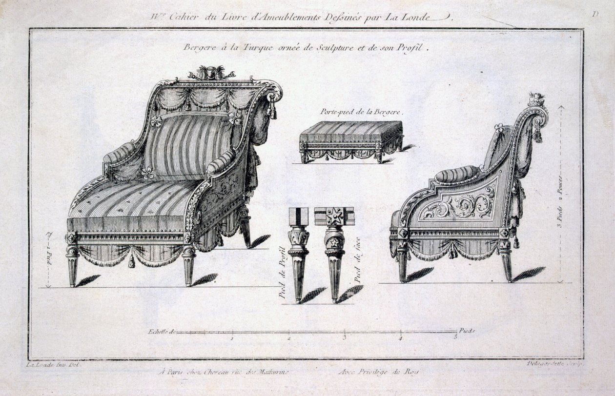 Bergere lænestol i tyrkisk stil, fra Oeuvres divers de Lalonde, dekoratør og designer, udgivet 1780-96 af Richard Lalonde