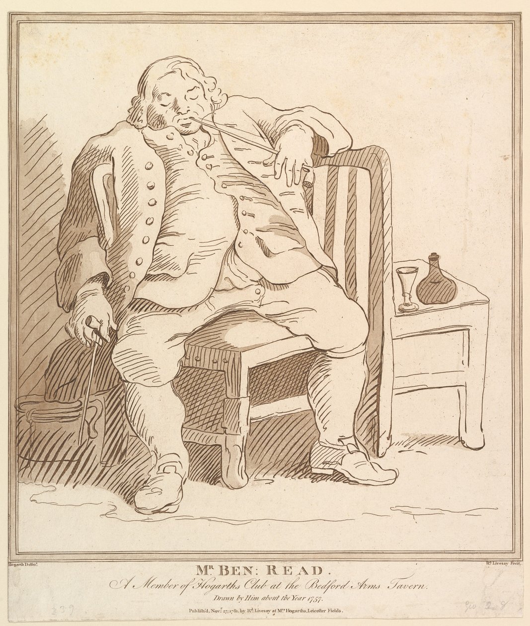 Mr. Ben: Read, et medlem af Hogarths Club på Bedford Arms Tavern, tegnet b..., 27. november 1781. af Richard Livesay