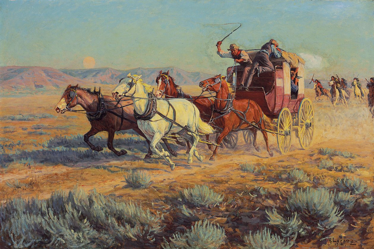 Stagecoach forfulgt af beredne indianere, 1912 af Richard Lorenz