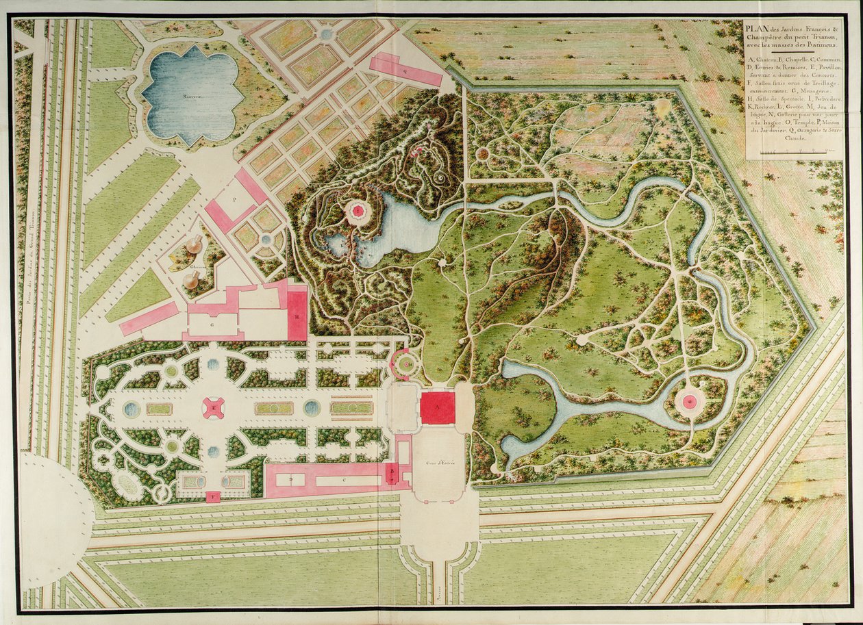 Plan over de franske og landlige haver i Petit-Trianon med bygningens masser, fra Recueil des plans du Petit Trianon af Richard Mique af Richard Mique