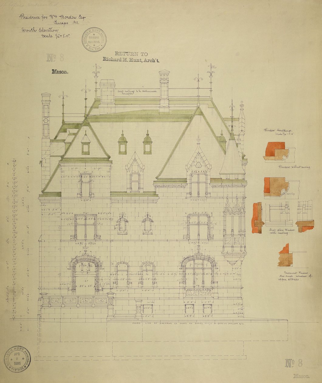 William Borden Residence, Chicago, Illinois, South Elevation af Richard Morris Hunt