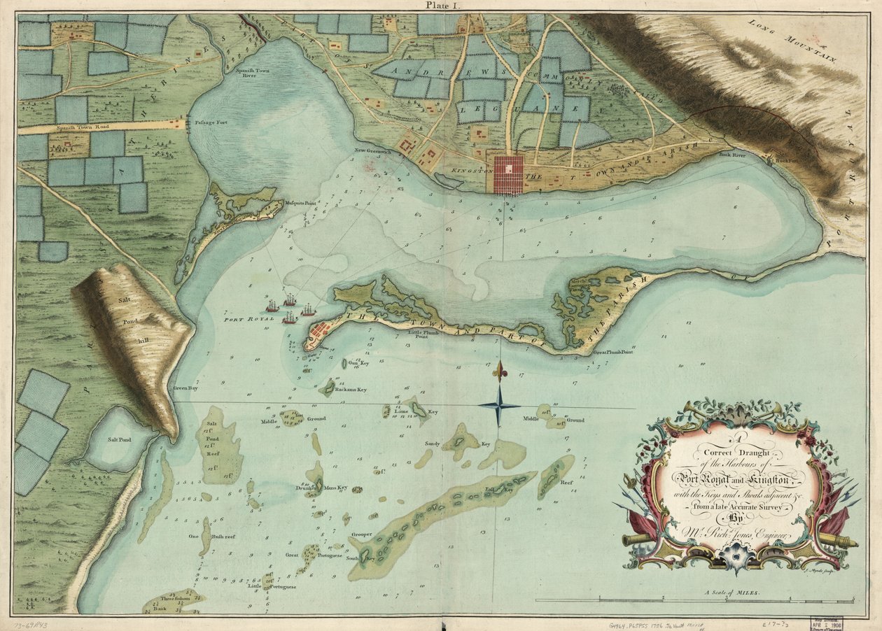 Et korrekt udkast til havnene i Port Royal og Kingston, med nøgler og stimer tilstødende &c. fra en sen nøjagtig undersøgelse af Mr. Richd Jones, ingeniør. af Richard; Mynde Jones