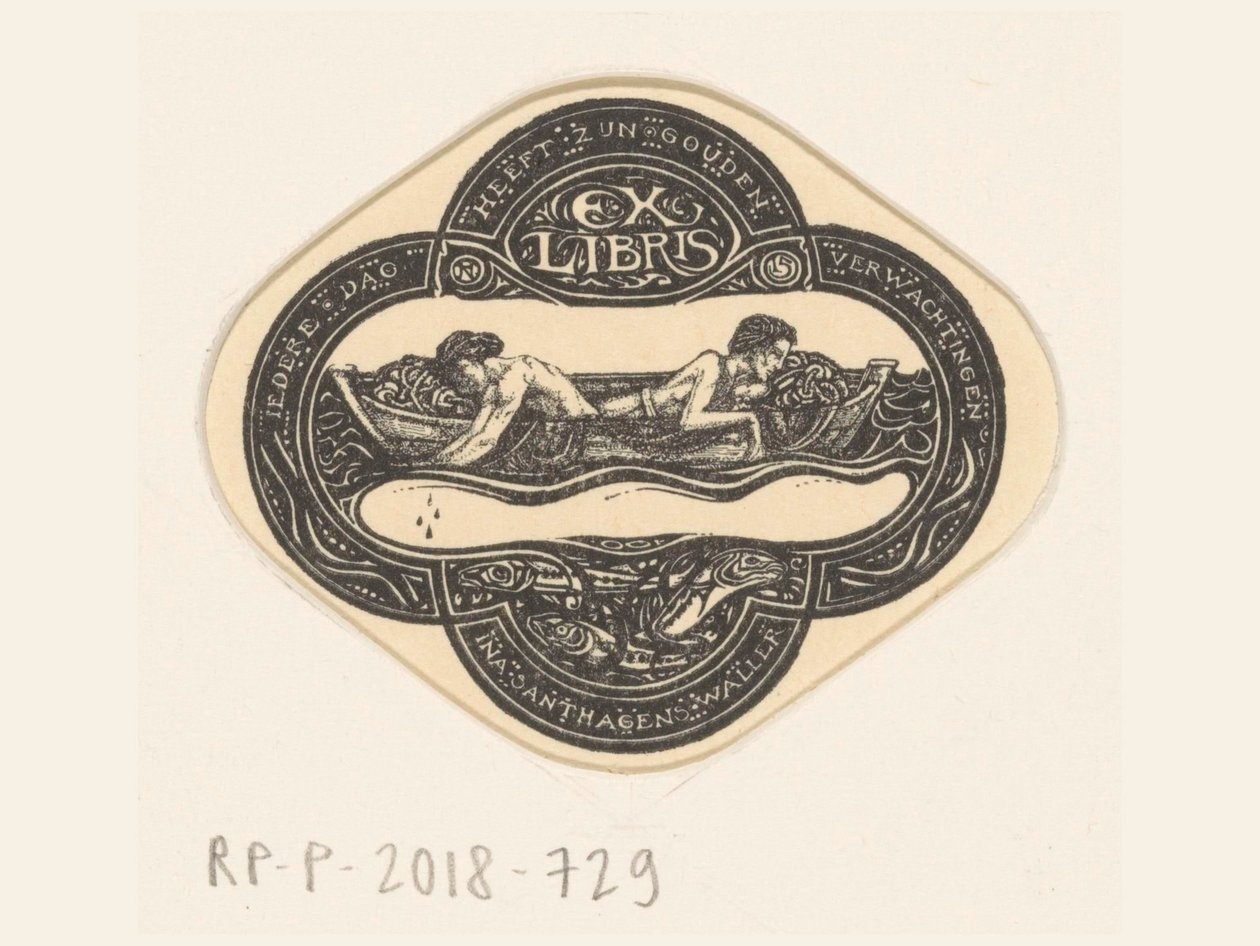 Ex libris af Ina van Eibergen Santahagens-Waller Hver dag har sine gyldne forventninger (titel på objekt) af Richard Nicolaüs Roland Holst