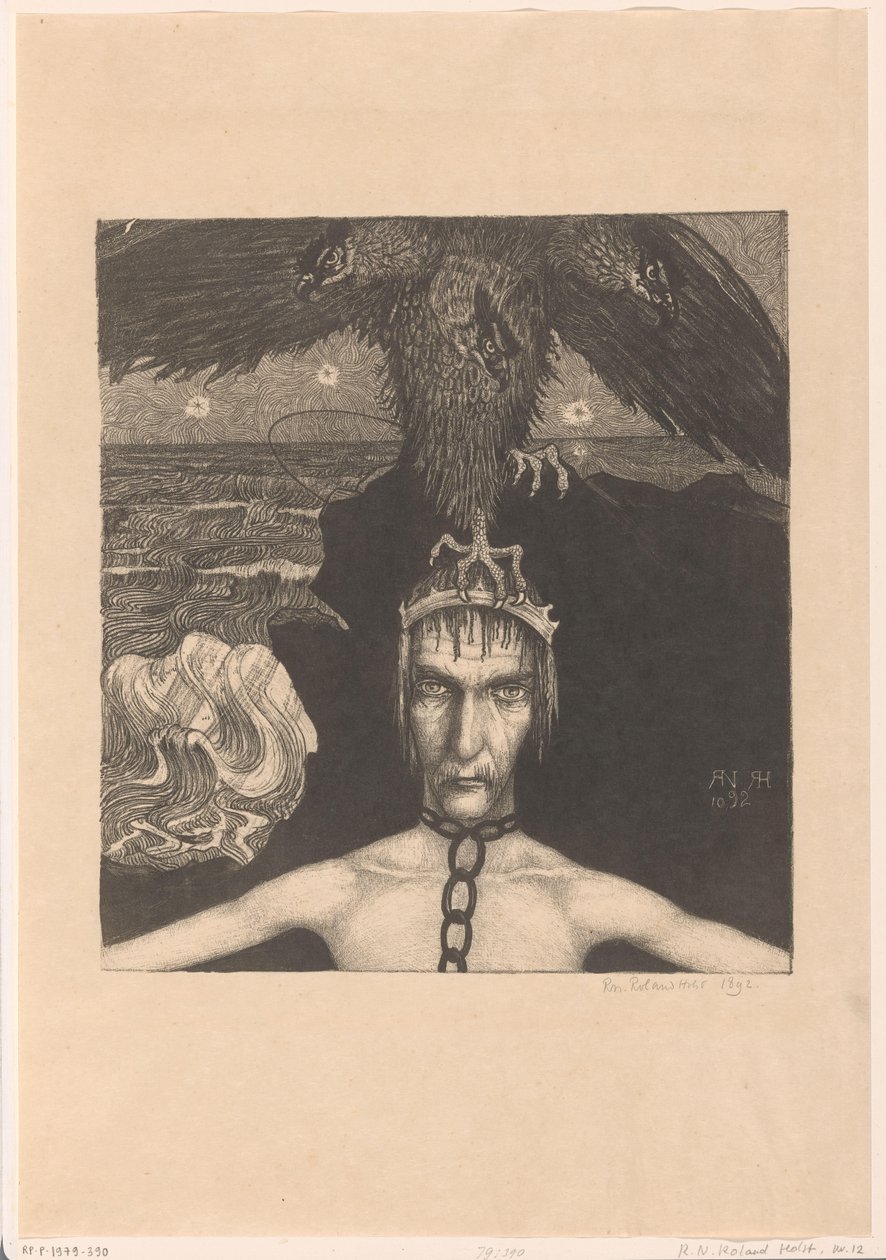 Lænket mand med trehovedet rovfugl på hovedet Anangke (Destiny) (original titel) af Richard Nicolaüs Roland Holst