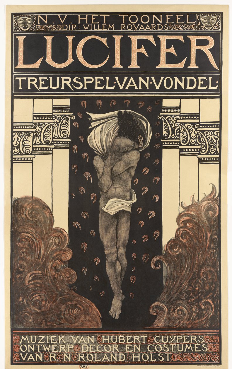 N.V. Teatret. dir. William Royards. Lucifer-tragedie af Vondel. Musik af Hubert Cuyper. Design, indretning, kostumer af R.N. Roland Holst. (titel på objekt) af Richard Nicolaüs Roland Holst