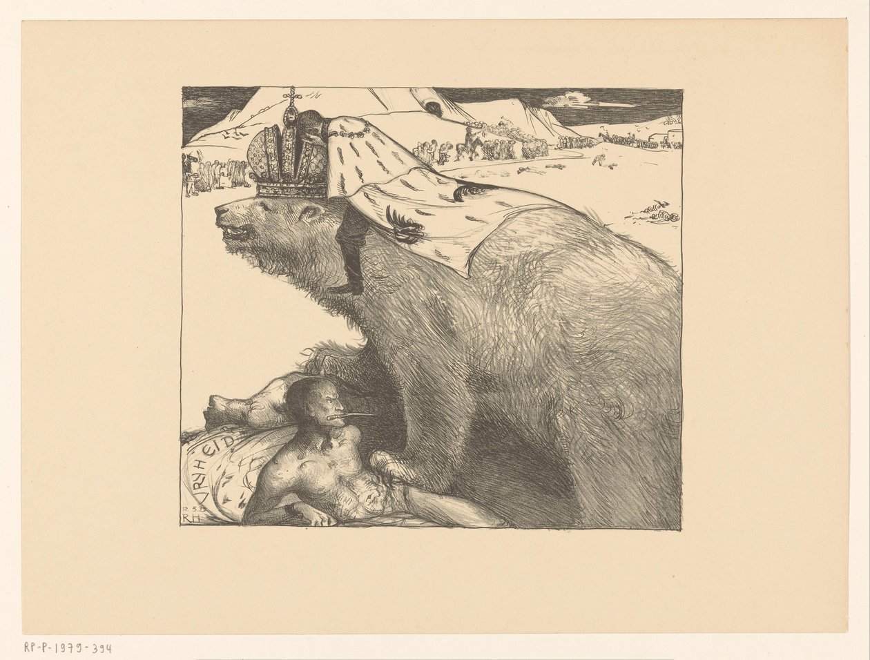 Zar Nicholas II af Rusland på den russiske bjørn Den russiske bjørn brøler fred (original titel) af Richard Nicolaüs Roland Holst