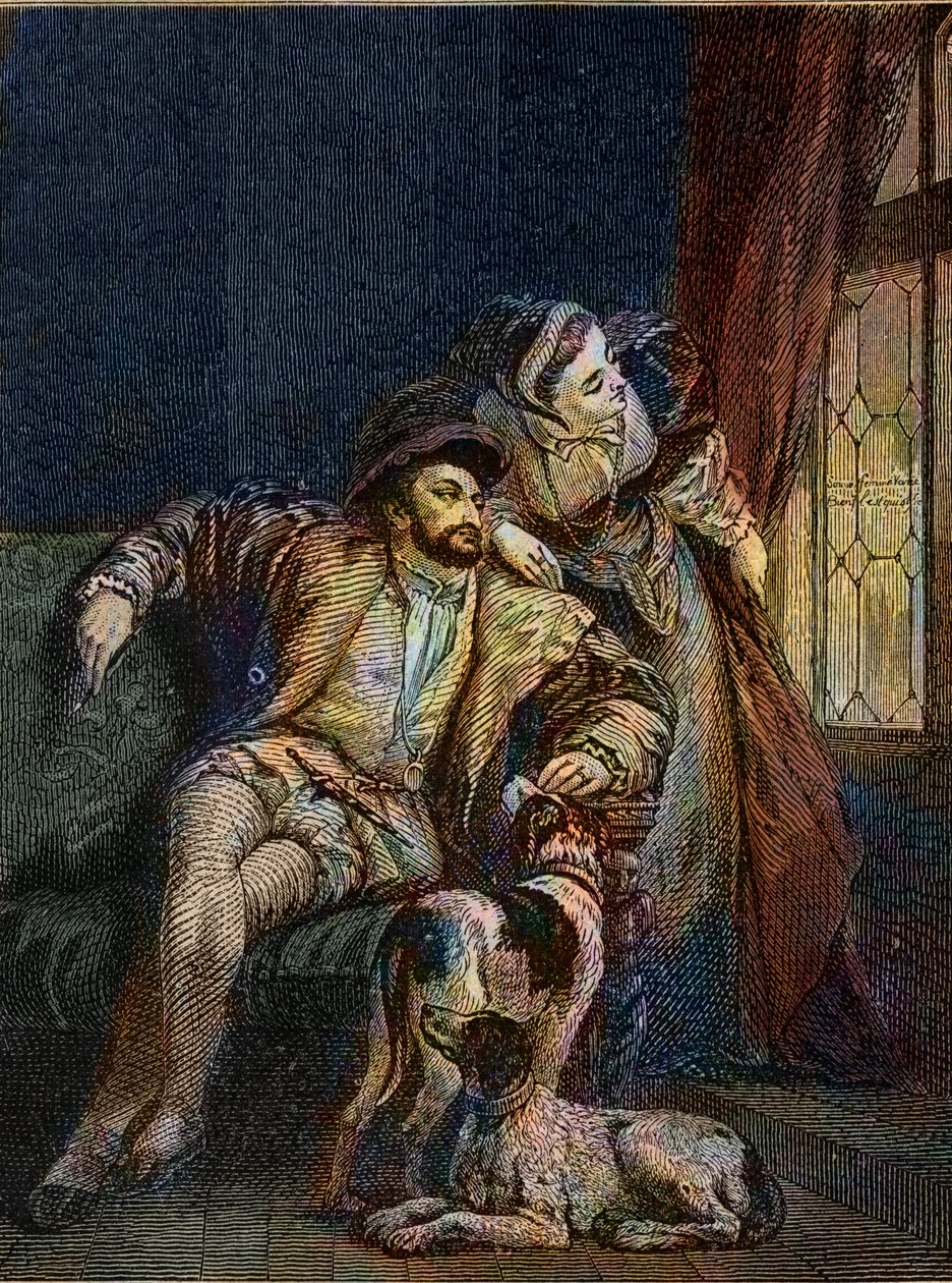 Frans I og Margarita af Navarra - Francois I, konge af Frankrig med sin søster Marguerite af Angoulema (1492-1549) Dronning af Navarra - gravering af Richard Parkes Bonington (1802-1828) - af Richard Parkes (after) Bonington