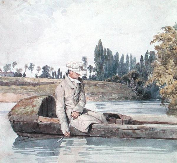 En mand, der fisker fra en båd på en flod (akvarel på papir) af Richard Parkes Bonington