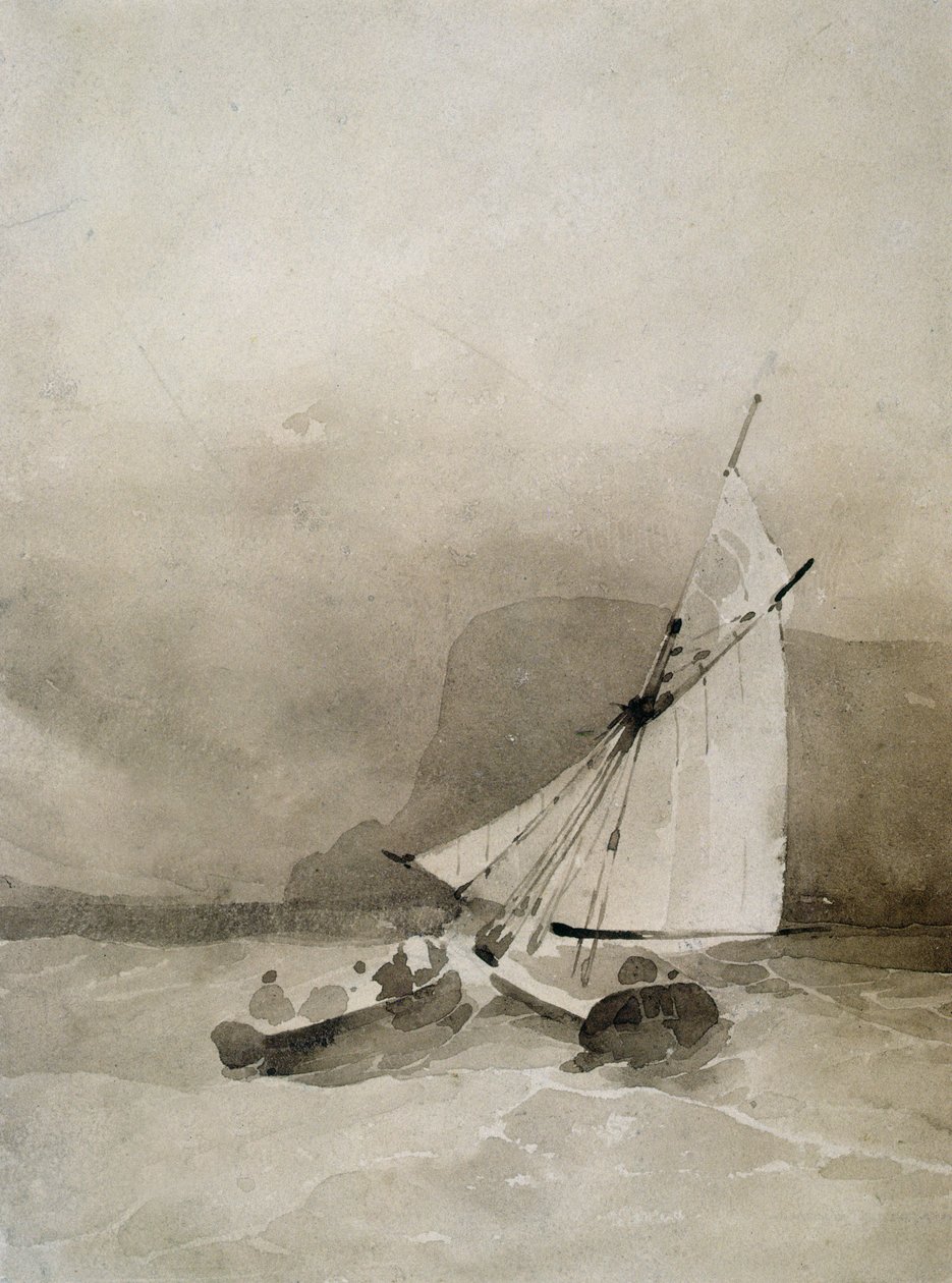 Et sejlskib og en robåd i hård sø ud for Beachy Head, Sussex af Richard Parkes Bonington