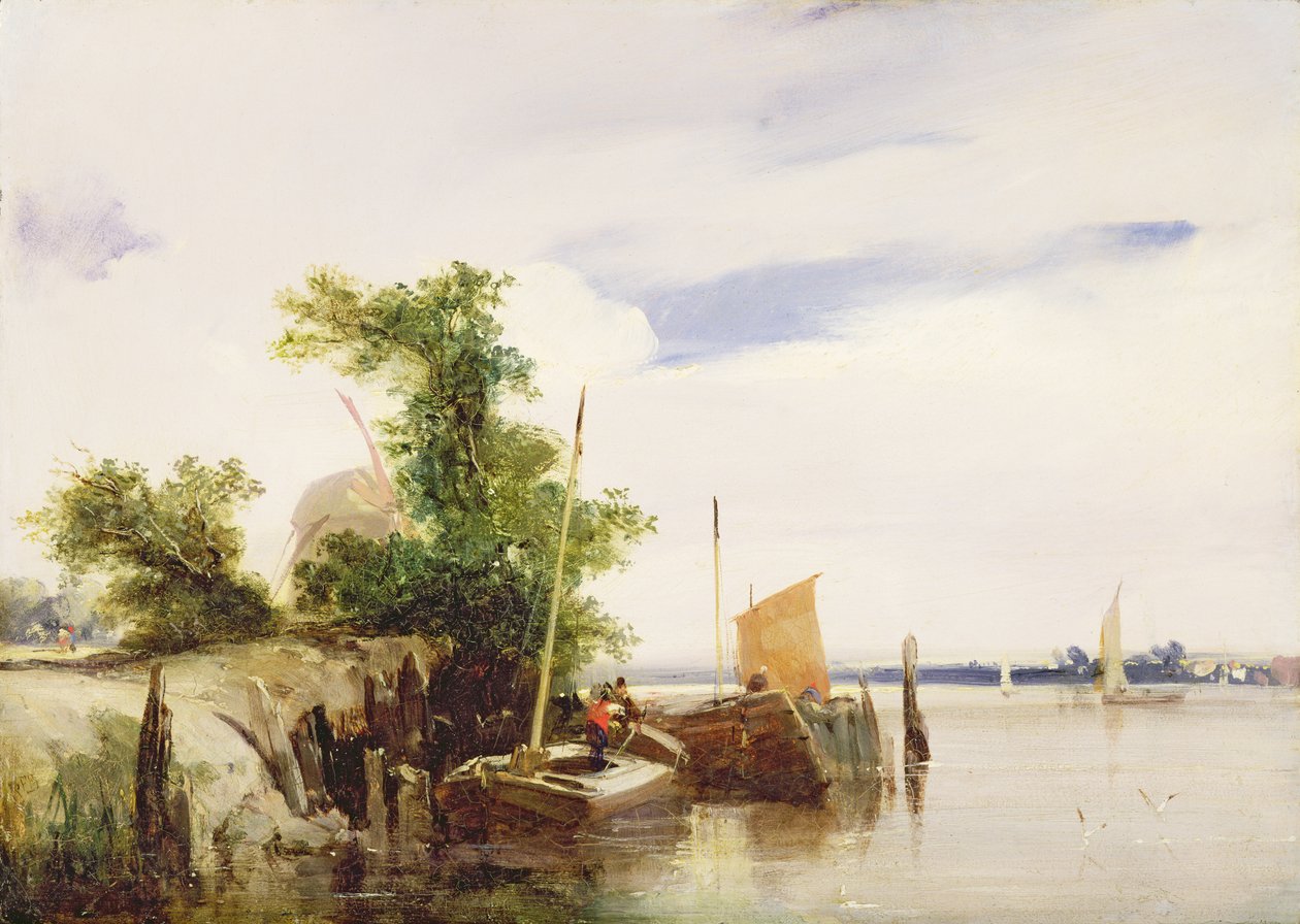 Pramme på en flod, ca. 1825-26 (olie på mølleplade) (signeret) af Richard Parkes Bonington