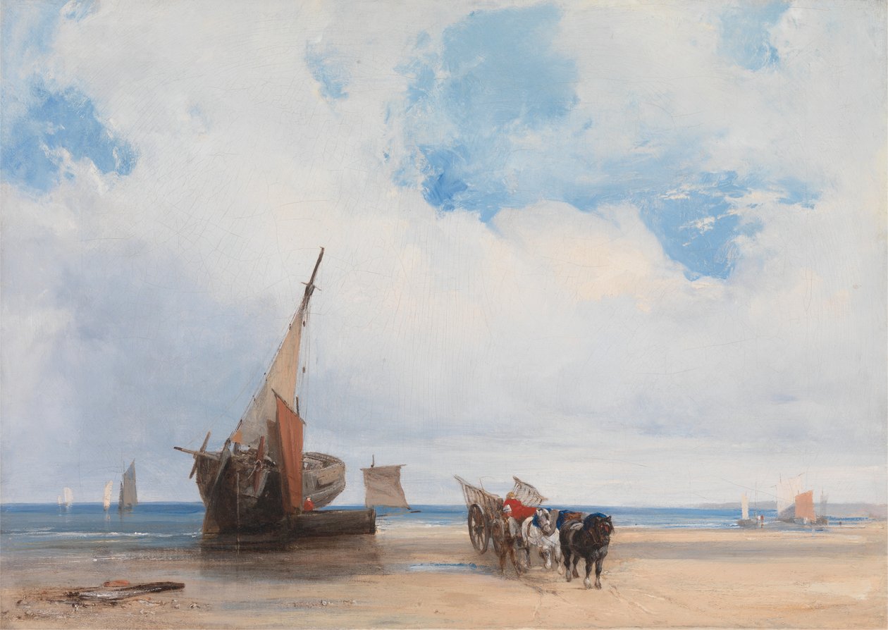 Strandede fartøjer og en vogn nær Trouville af Richard Parkes Bonington