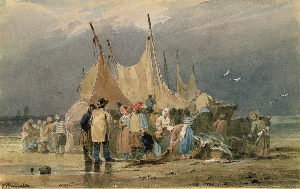 Fiskere på en strand, en storm nærmer sig (akvarel) af Richard Parkes Bonington