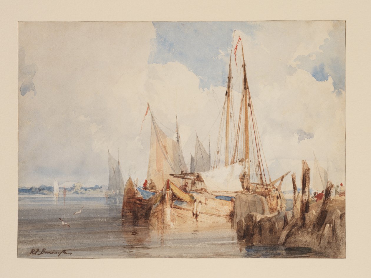 Fiskerbåde fortøjet i en flodmunding, ca. 1825 (akvarel på papir) af Richard Parkes Bonington