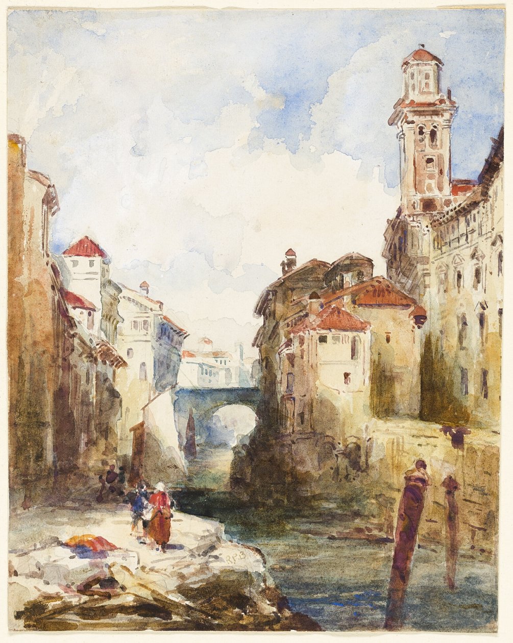Fransk by, bygninger og flod af Richard Parkes Bonington
