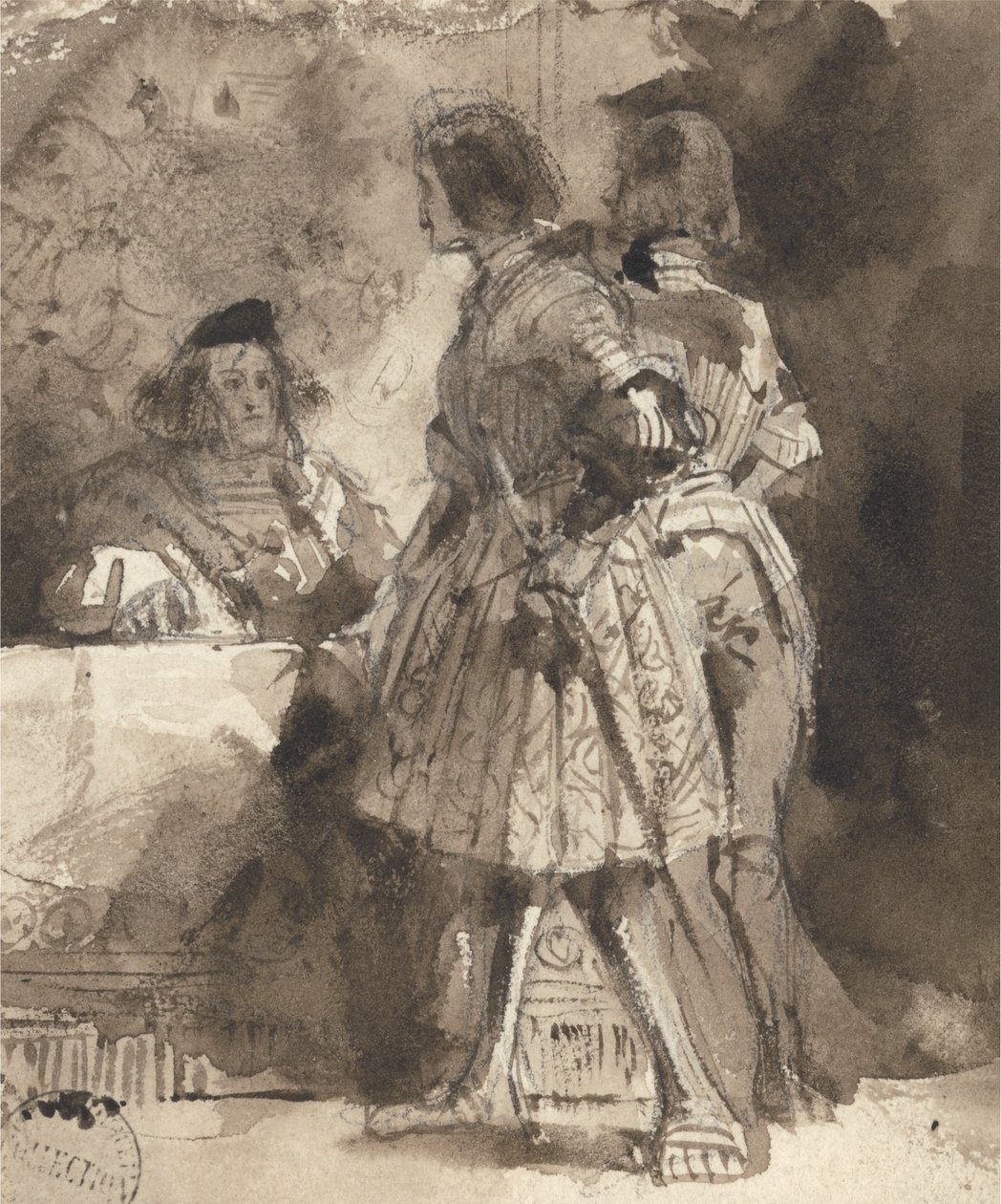 Goetz von Berlichingen før den kejserlige magistrat, ca. 1826 (brun vask og blæk over grafit på papir) af Richard Parkes Bonington