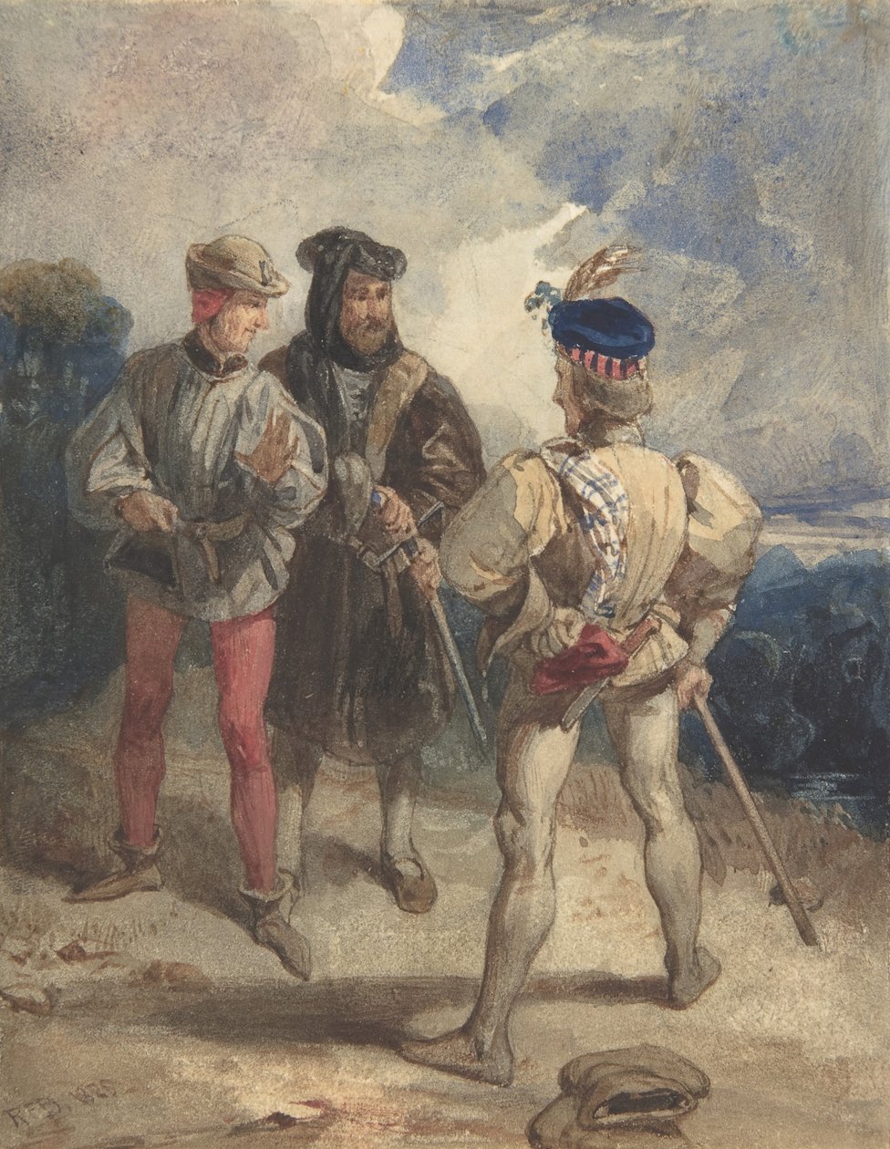 Quentin Durward and the Disguised Louis XI recto, Studie af mandlig figur verso, 1825 eller 1826. af Richard Parkes Bonington