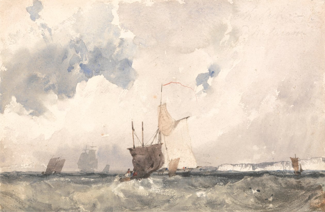 Fartøjer i et uroligt hav (akvarel med ridser ud på papir) af Richard Parkes Bonington