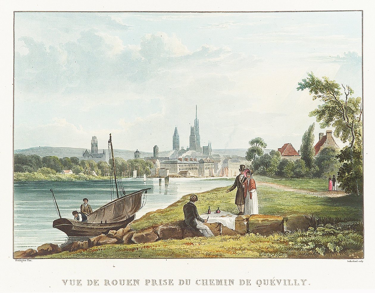 Udsigt over Rouen taget fra Quevilly-vejen (Frankrig). Litografi (34,7x51,7 cm) af Richard Parkes Bonigton (1802-1828), begyndelsen af det 19. århundrede. af Richard Parkes Bonington