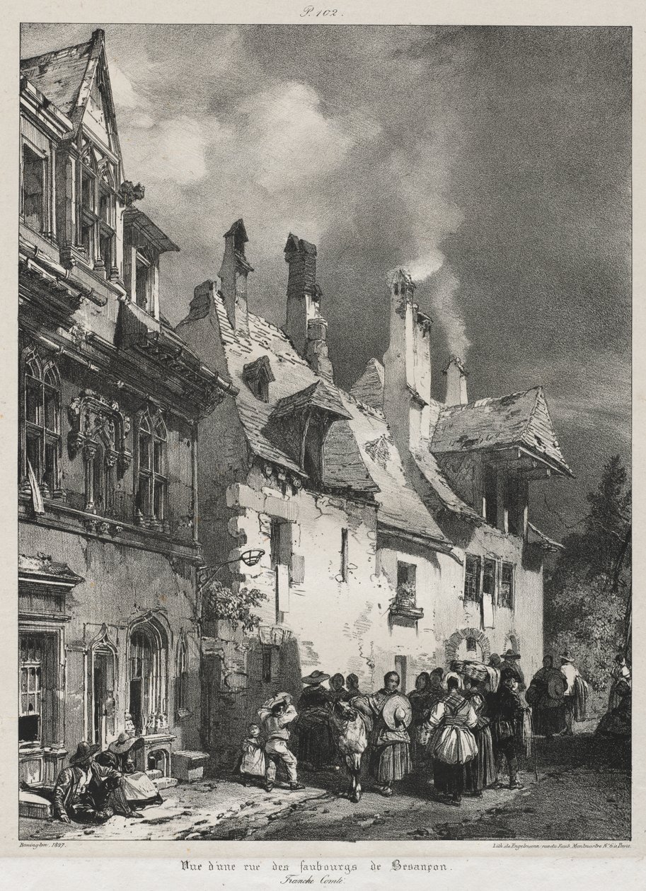 Maleriske og romantiske rejser i det gamle Frankrig, Franche-Comté: Udsigt over en gade i forstæderne til Besançon af Richard Parkes Bonington