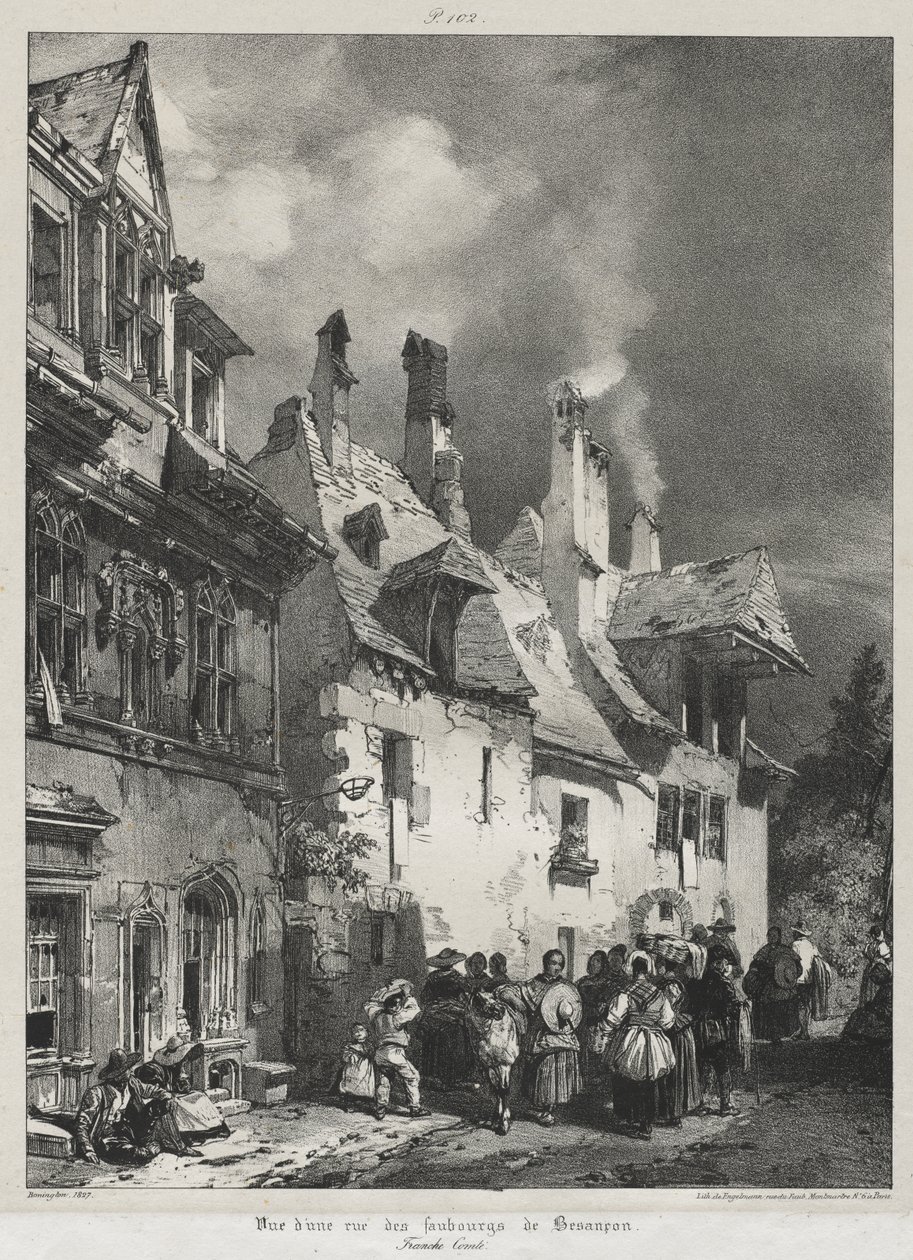 Maleriske og romantiske rejser i det gamle Frankrig, Franche-Comté: Udsigt over en gade i forstæderne til Besançon af Richard Parkes Bonington