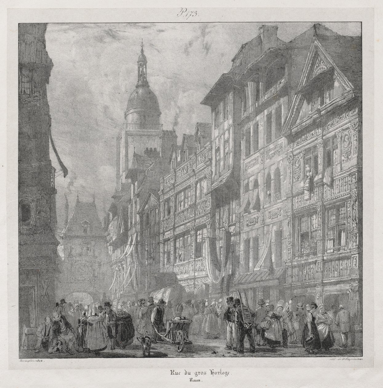 Naturskønne og romantiske rejser i det gamle Frankrig, Normandiet: Rue du Gros Horloge, Rouen af Richard Parkes Bonington