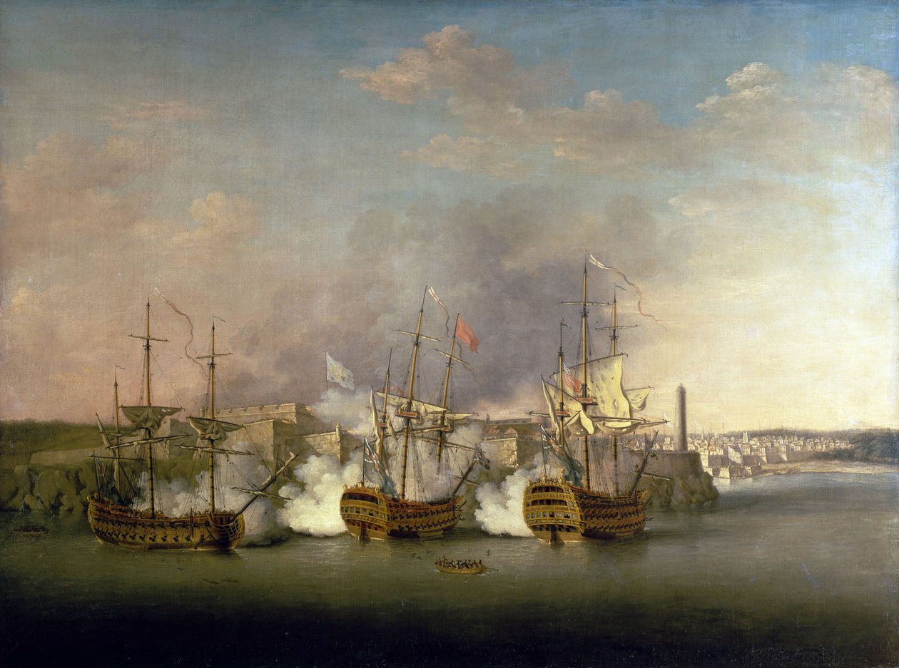 Syvårskrigen (1756-1763): Bombardementet af Morro Castle (Cuba) den 1. juli af Richard Paton