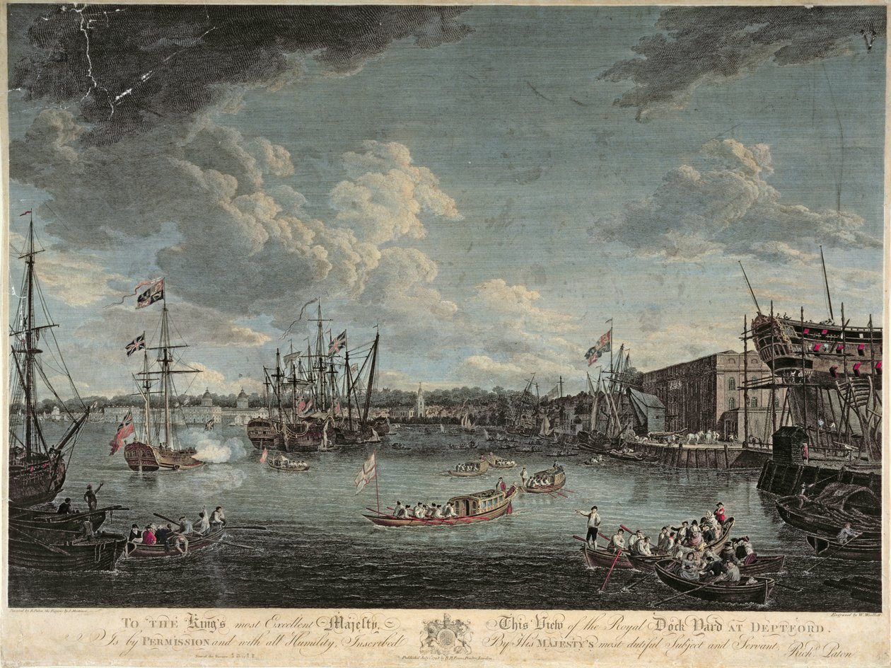 View of the Royal Dock Yard at Deptford, graveret af William Woollett, offentliggjort den 1. juli 1793 (farvet radering) af Richard Paton