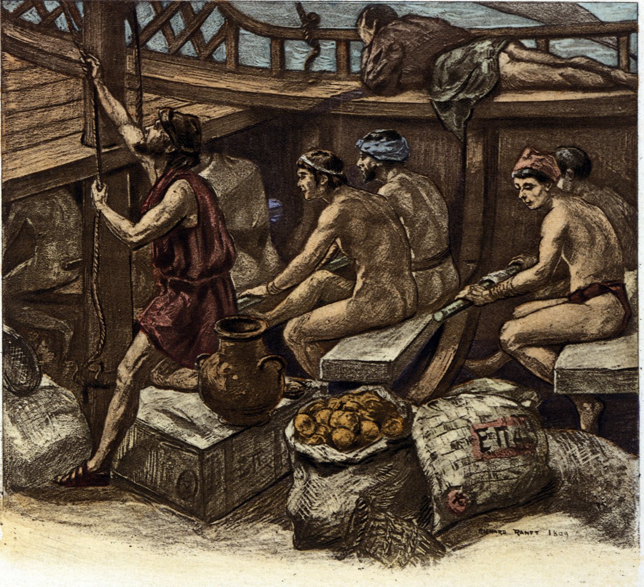 Galerianernes liv ombord på en græsk kabys i antikken. Illustration af Richard Ranft (1862-1931) 1909 af Richard Ranft