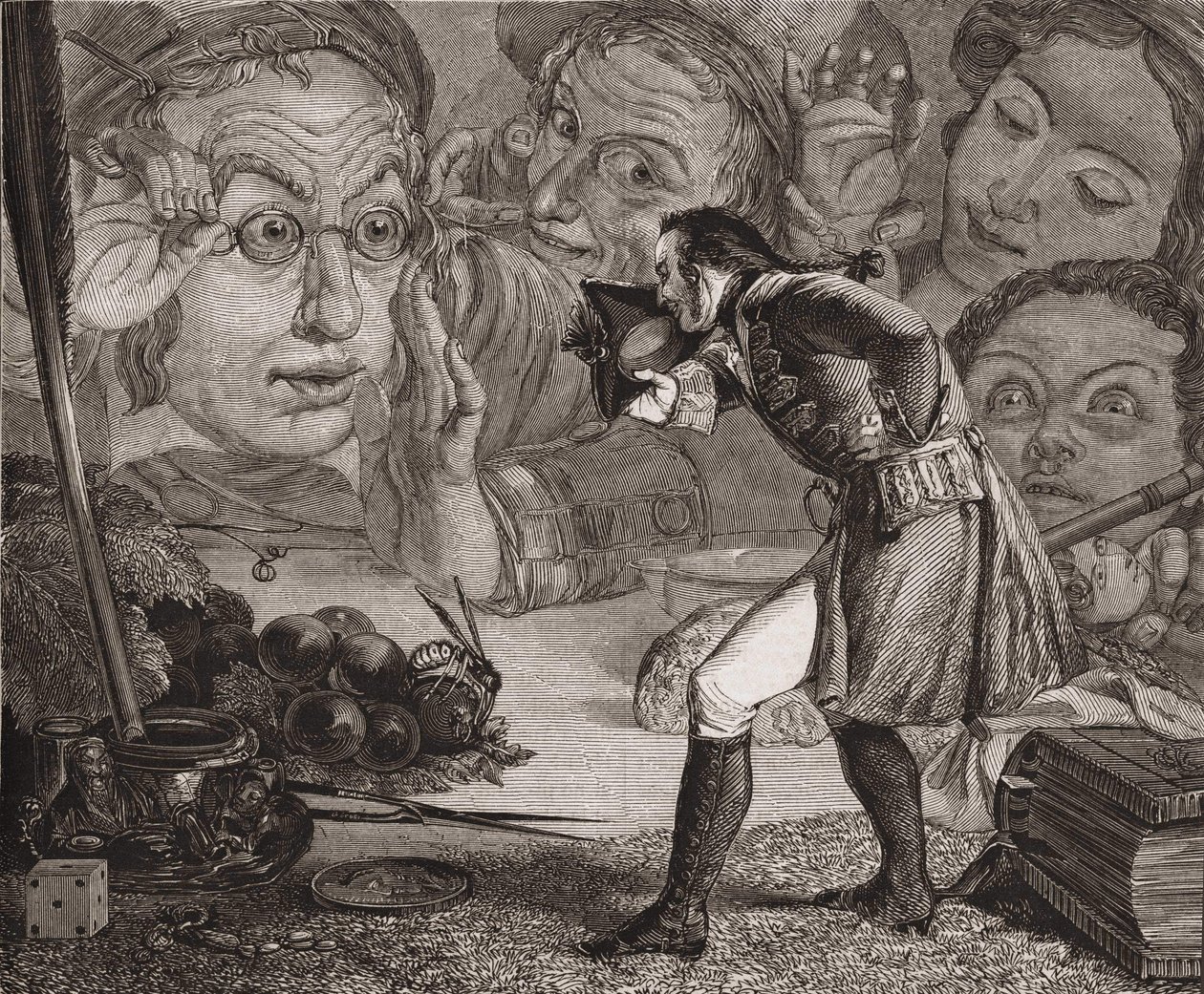 Jonathan Swifts Gulliver-ture. Gulliver udstillede på et bord til beundring for indbyggerne i Brobdingnag. Redgrave gravering. af Richard Redgrave