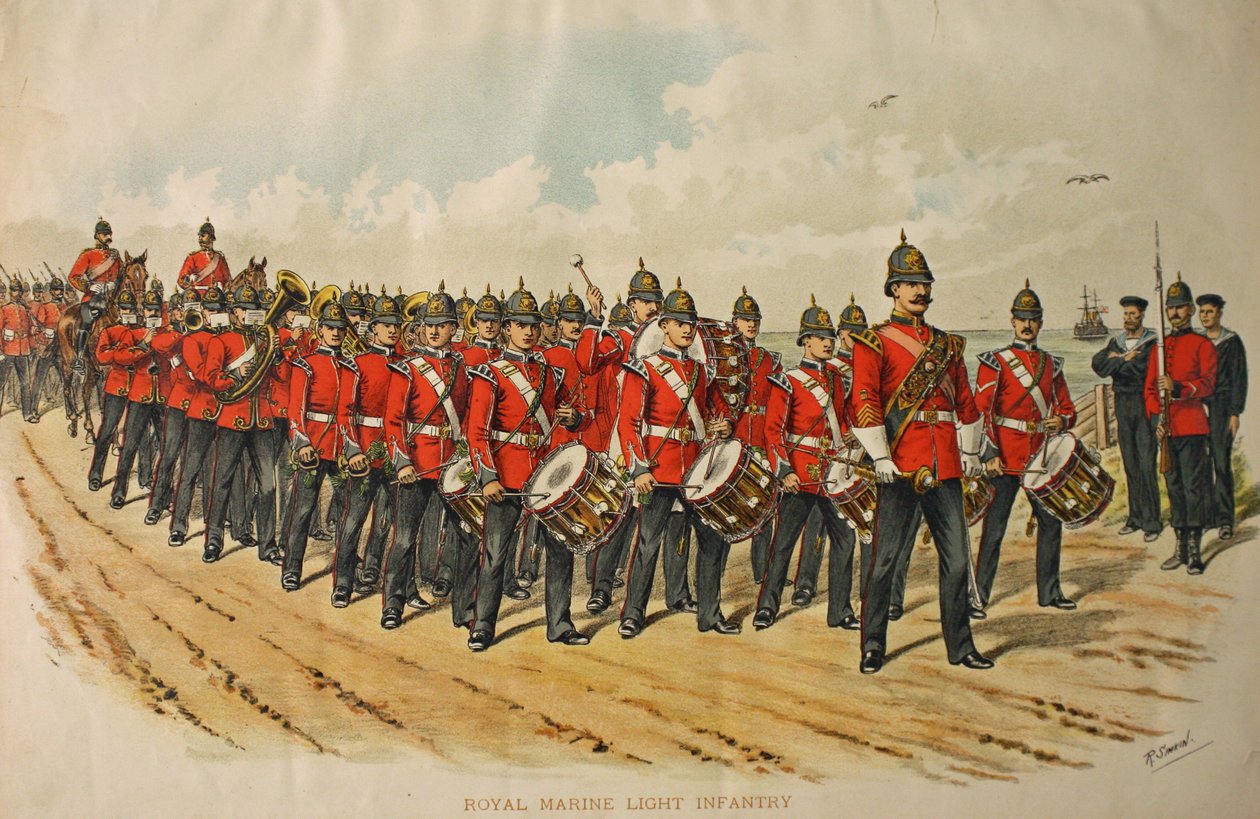 Royal Marine Light Infantry Band leder en kolonne af marchende mænd, 1895 af Richard Simkin