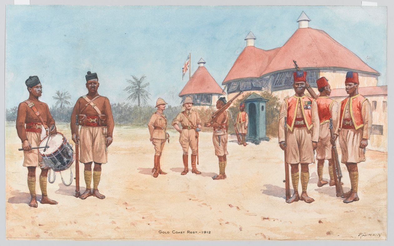 Soldater fra Gold Coast Regiment uden for regimentets hovedkvarter i Kumasi af Richard Simkin