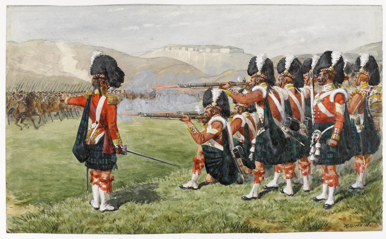 Den 93. Sutherland Highlanders i slaget ved Balaclava 25. oktober 1854: The Thin Red Line, 1854 (wc på papir) af Richard Simkin