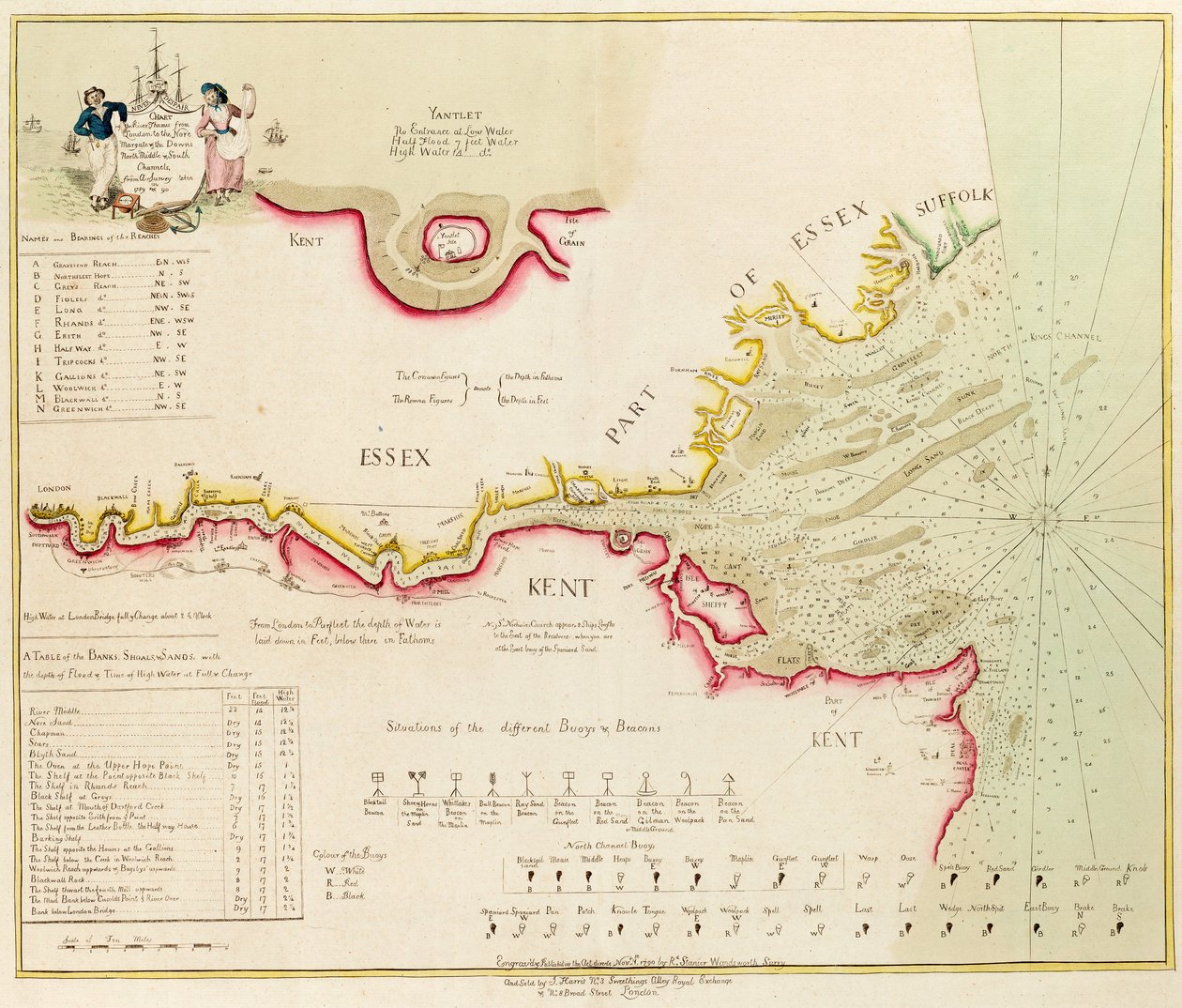 Kort over Themsen fra London til Nore, Margate og Downs, nordlige, midterste og sydlige kanaler, fra en opmåling foretaget i 1789 og 90 af Richard Stanier