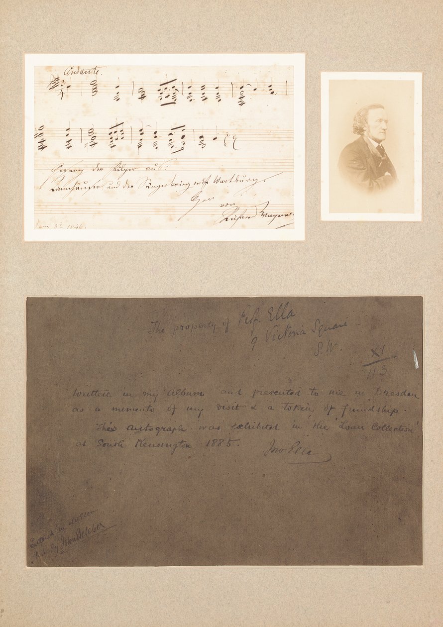 Autograf musikalsk citat monteret med carte-de-visite fotografi af Wagner og en herkomstnote af Richard Wagner