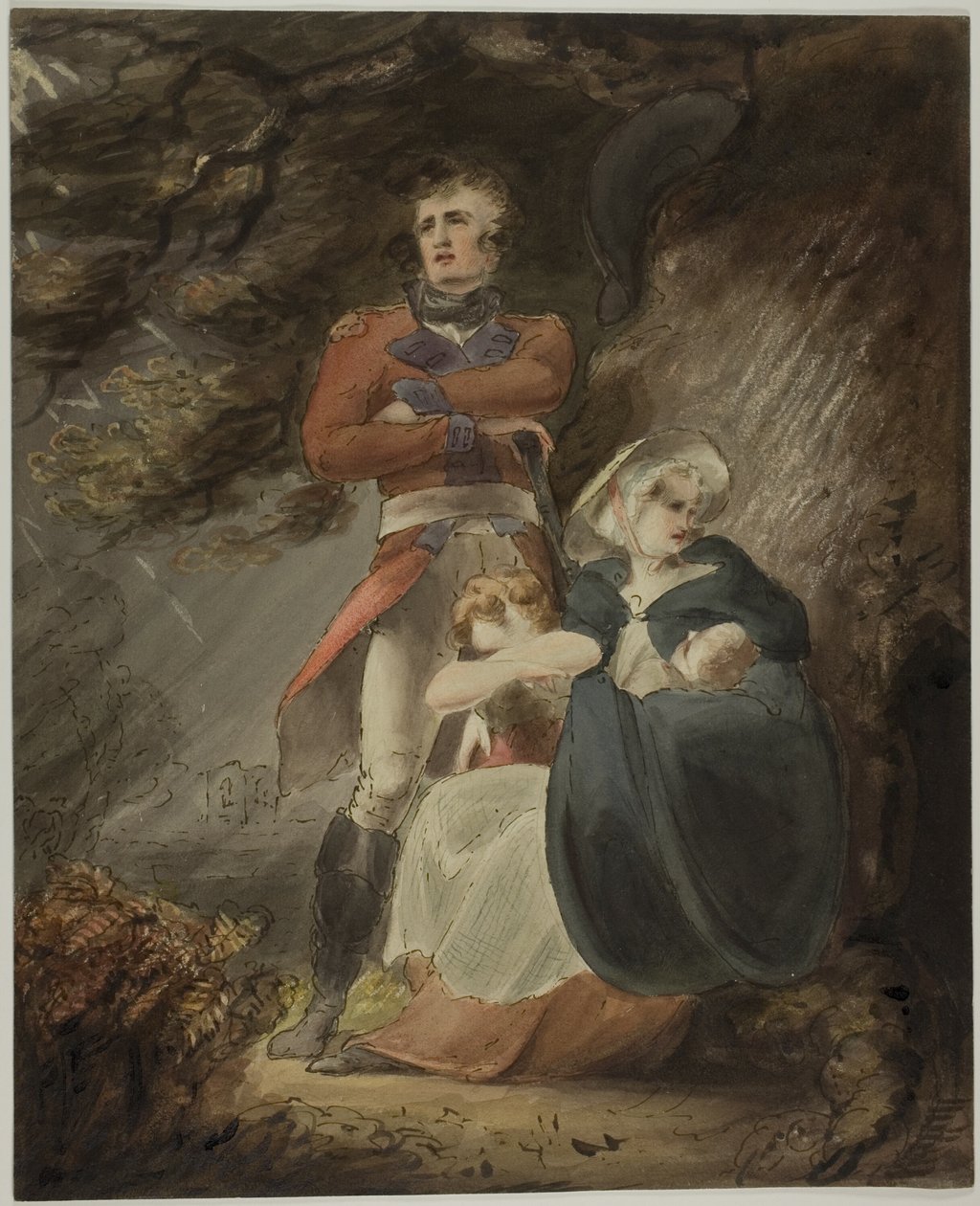 Officer søger ly for en storm med sin kone og sine børn (recto); Skitse af et slot på en bakke (verso) af Richard Westall