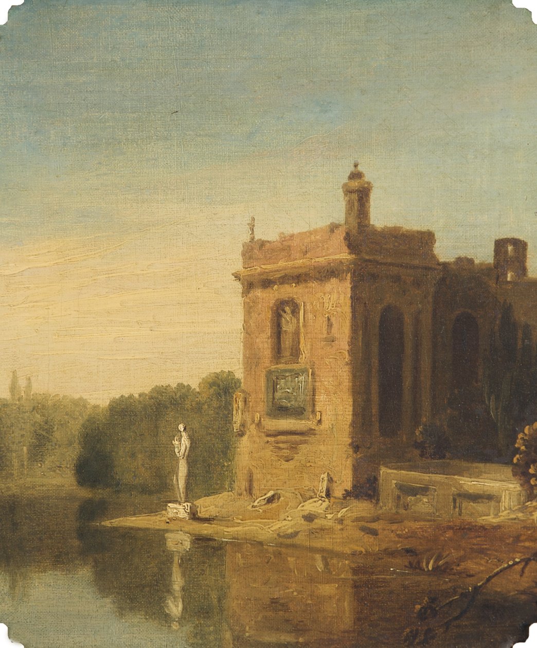 En sø med en pavillon og en statue, Italien (olie på lærred) af Richard Wilson